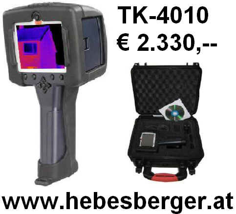 Dieses Bild zeigt die TK-4010 mit s�mtlichem Zubeh�r wie Software, Akku, Ladeger�t und einem robusten Transportkoffer. Die TK-4010 ist eine Universalw�rmebildkamera f�r Geb�udethermografie, Veterin�rthermografie und auch f�r Industrie und Elektrotechnik. Der Messbereich geht von -20 bis +250�C. Ein besonderes Merkmal ist das grosse Farbdisplay mit 9cm Bilddiagonale und die hohe Genauigkeit von 2�C.