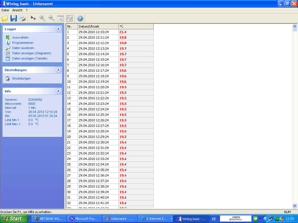Dieses Bild zeigt die Messwerttabelle mit fortlaufender Messwert Nummer sowie Datum und Uhrzeit. Diese Tabelle kann abgespeichert, ausgedruckt oder per email versendet werden. Ebenso knnen Sie diese Messwerte ins Excel exportieren, jedoch aber aus Manipulationsgrnden natrlich nicht zurckimportiert werden.